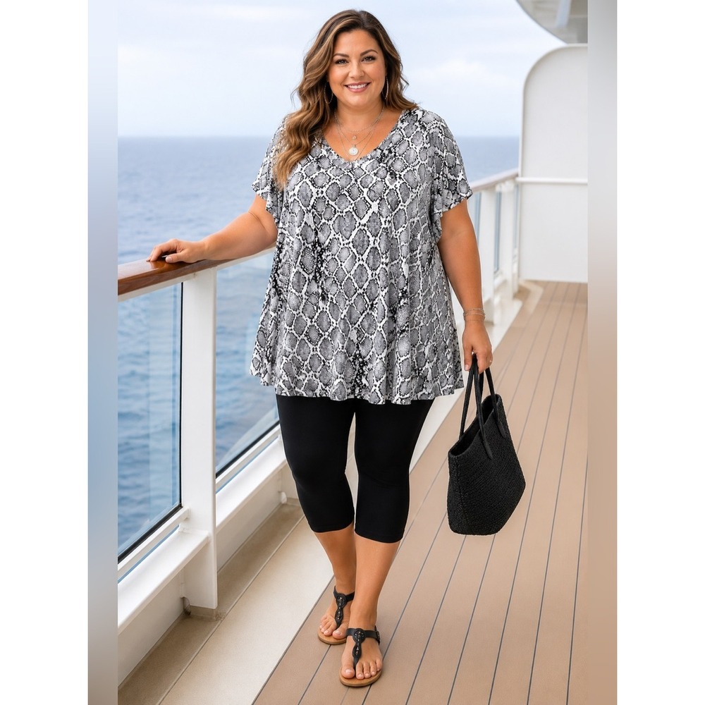 ROAMAN'S Jersey Knit Trapeze Tunic 3X Short Sleeve Swing Top Cruise Resort Beach